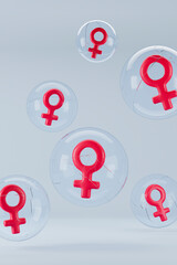 Feminism concept. Red venus symbol in cracked bubbles. 3d rendering.