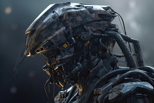 Behold the Warrior of a Futuristic Alien Sci-Fi: Close Up of Dark Piloted Mech: Generative AI