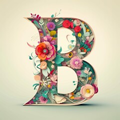 Vibrant Floral Papercut Letter B: Bright Decorative Alphabetical Characters with Coloured Backgrounds: Generative AI