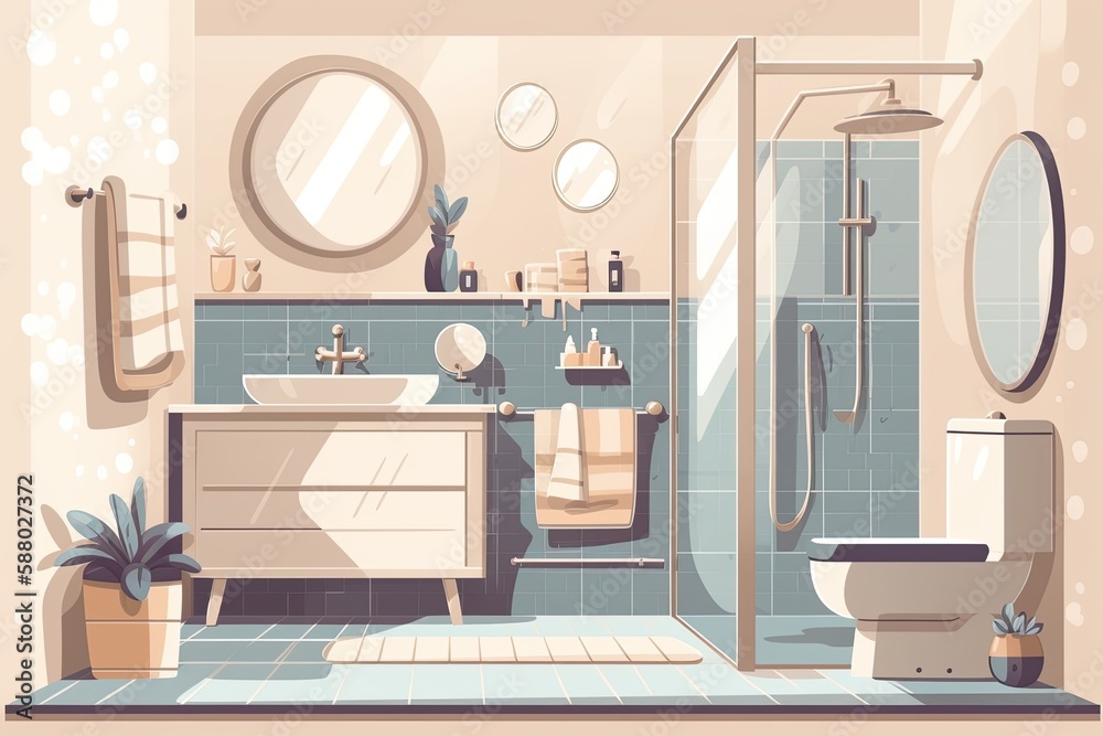 Sticker modern bathroom with sink, mirror, toilet, and shower. Generative AI