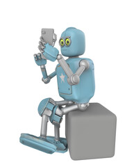 Naklejka premium Retro robot stand and reads smartphone. New technologies and progress. 3d render.
