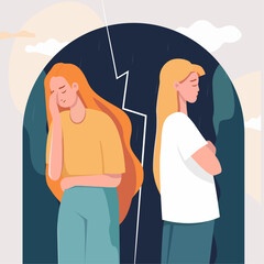 two friend conflict, problem, soulmates, girlfriends, quarreled, argued, BFF broke up, bickering, fight, cry, hurt, offense, resentment, sadness, sad characters, vector illustration