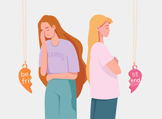 BFF broke up, friend conflict, problem, soulmates, girlfriends, quarreled, argued, bickering, fight, cry, hurt, offense, resentment, sadness, sad characters, pendant,  vector illustration