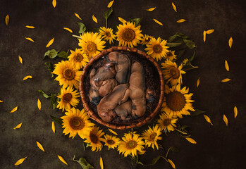 Very cute photo of Rhodesian Ridgeback puppies, newborn photo in Sunflower nest