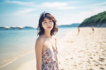 Fototapeta na wymiar young Asian woman in swimsuit is posting on the beach for photo shooting created with generative AI technology
