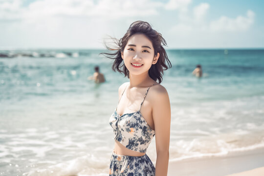 young Asian woman in swimsuit is posting on the beach for photo shooting created with generative AI technology