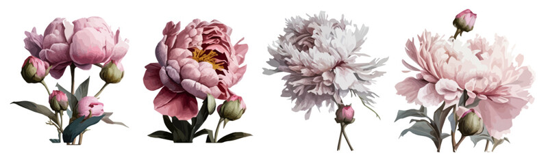 vector flowers peonies pink without background - obrazy, fototapety, plakaty