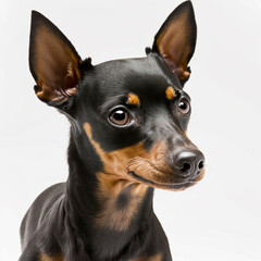 Adorable miniature pinscher dog portrait looking at camera isolated on white background as concept of domestic pet in ravishing hyper realistic detail by Generative AI.