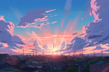 街のはずれの丘の上から見た、黄昏時の入道雲のある空と夕日