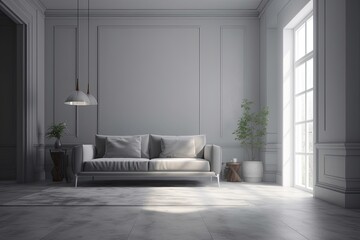 modern living room with a white couch and a potted plant. Generative AI