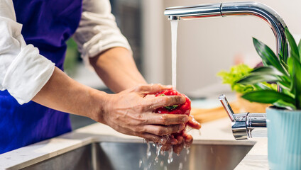 Portrait of man chef cooking and preparing wash fresh vegetables salad splashing in water with cook food on counter standing in the restaurant commercial kitchen