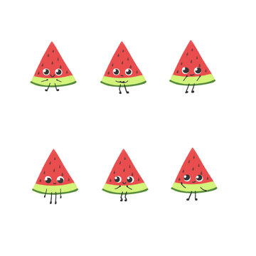 Set of watermelon with cute funny happy and sad faces, different emotions of cartoon summer fruit, isolated illustration on white background, pack for design