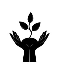 Silhouettes of human hands and a plant sprout. Protection of the plant, ecology. 