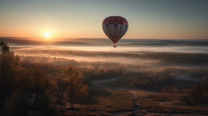 Obraz premium A hot air balloon soaring above a cloudy landscape at sunrise. Generative AI