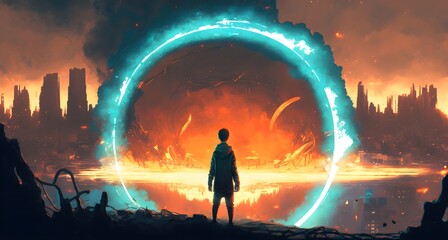 Fototapeta na wymiar boy standing in front of a glowing blue ring and looking at the burning city, digital art style, illustration painting, Generative AI