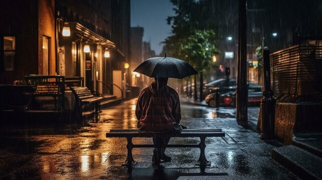 A person sitting on a bench watching the rain fall on a city street. Generative AI