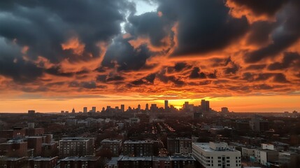 A cloud-filled sky above a city skyline at sunset. Generative AI