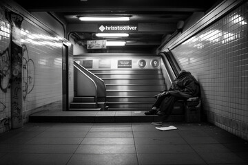 Waiting Alone: Homeless at Public Transportation Station. An illustration of a homeless person waiting for public transportation, highlighting their vulnerability and isolation. Ai generated.