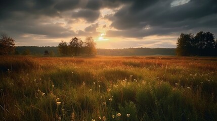 A cloudy sky with the sun shining through, casting a warm glow on a meadow. Generative AI