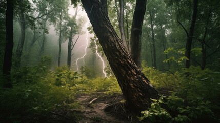 Obraz premium A lightning bolt striking a tree in a forest during a thunderstorm. Generative AI