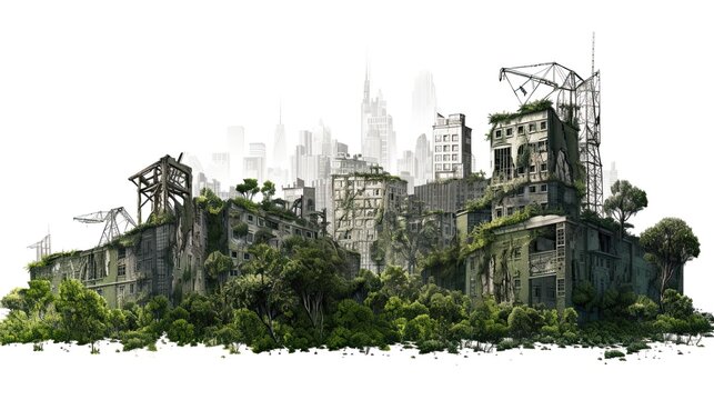 Ruined Skyline of a Post-Apocalyptic City - Isolated Overgrown Buildings, Silhouettes of Destroyed Constructions, and White Background Environment. Generative AI