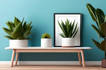 Modern room decoration with picture frame mockup. White shelf against multi color wall with pottery and succulent plant