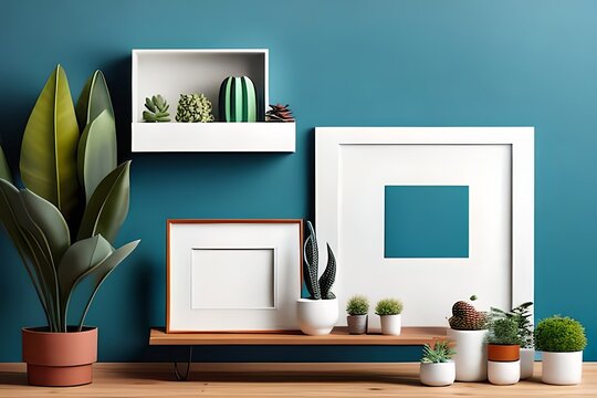 Modern room decoration with picture frame mockup. White shelf against multi color wall with pottery and succulent plant