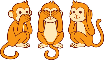 Three wise monkeys with hands covering eyes, ears and mouth: See no evil, Hear no evil, Speak no evil. 