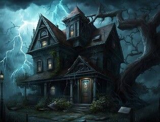 Fototapeta na wymiar A haunted house, a creepy and rundown mansion, set during a stormy night with lightning illuminating the scene, generative AI