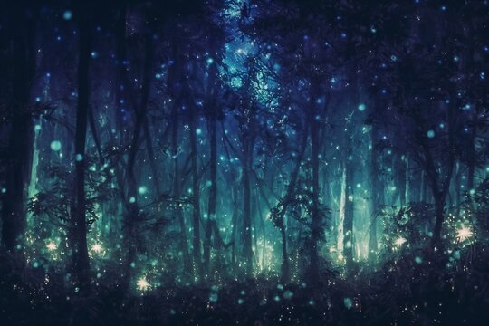 Enchanted forest, a magical and mystical woodland with towering trees and sparkling fireflies, generative AI © James