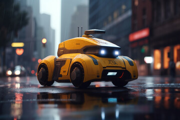 Fototapeta na wymiar Futuristic Robot Taxi Driving Through City of Tomorrow