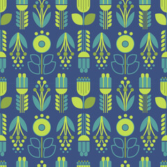 Geometric seamless vector flowers. Green and blue grass with decorative stylized elements. Nice simple art print for summer fabric. Modern botany illustration. Leaves and plants ornament for Wallpaper