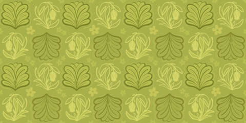 Seamless pattern with green leaves and grass color flowers. Decorative repeated floral ornament art. Monochrome botanical design. Vector endless print for textile or wallpaper.