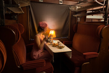 Flapper dress 1920 lady afternoon tea in train