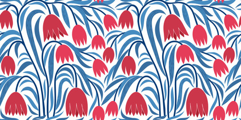 Nice red and blue stylized batanical illustration.  Fresh spring seamless pattern. Red flowers among blue leaves. Graphic modern art. Bicolor fantasy pattern. Tulips illustration surface modern design