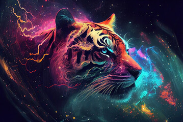Vibrant color tiger head illustration. Generative ai.
