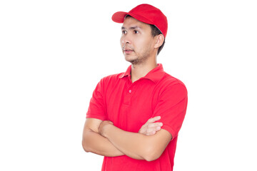 Asian Man in red shirt and cap standing with crossed arms isolated on white background with...