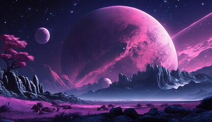Exploring an Alien Landscape: A Pink Planet with Massive Moon on the Horizon