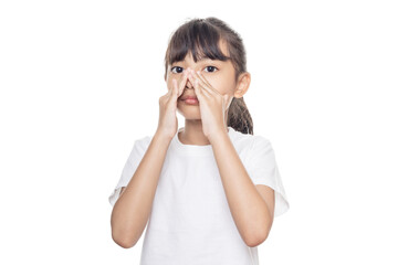Young Asian girl has a stuffy nose, runny nose isolated on white background with clipping path.