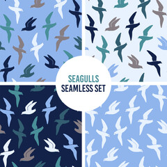 Seagulls seamless pattern set with marine birds flying. Nice blue palette prints collection for textile. Calm atmosphere. Minimalism simple art print design with sea birds.