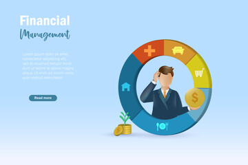 Financial, budget, cost of living management. Businessman allocate personal money income for necessary expenses and payment in pie graph.