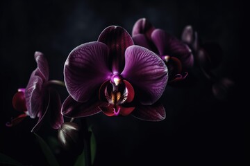 Naklejka na ściany i meble a close up of a purple flower on a black background. generative ai