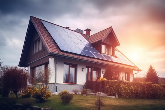  a house with a solar panel on the roof and windows.  generative ai