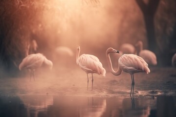 Fototapeta na wymiar a group of flamingos standing in a body of water. generative ai