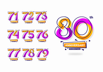Colorful modern anniversary celebration logotype set. 71, 72, 73, 74, 75, 76, 77, 78, 79, 80