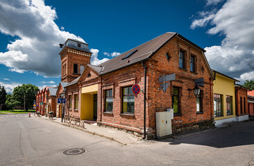 Old street in the old town.Former fire station building.In the Latvia.