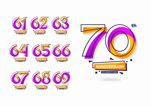 Colorful modern anniversary celebration logotype set. 61, 62, 63, 64, 65, 66, 67, 68, 69, 70