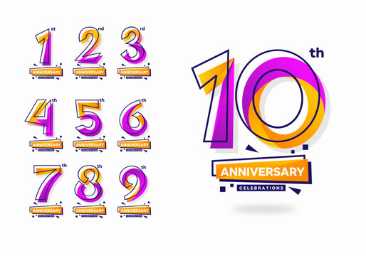 Colorful modern anniversary celebration logotype set. 1, 2, 3, 4, 5, 6, 7, 8, 9, 10