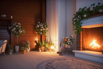 Naklejka premium Modern interior design of the living room with fireplace. Super photo realistic background, generative ai illustration