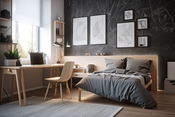 Fototapeta na wymiar Stylish Teenage Bedchamber: Comfortable Bed, Workplace and Homey Interior in Modern Apartment. Generative AI